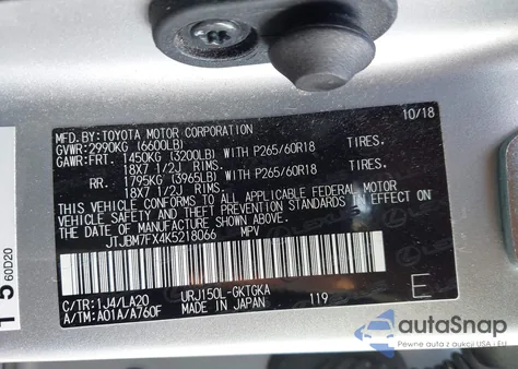 2019 Lexus Gx 460 Premium z USA, uszkodzony, nr VIN JTJBM7FX4K5218066